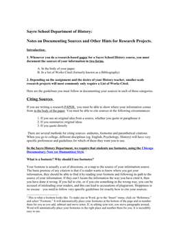 Sayre School Department of History: Notes on Documenting Sources and Other Hints for Research