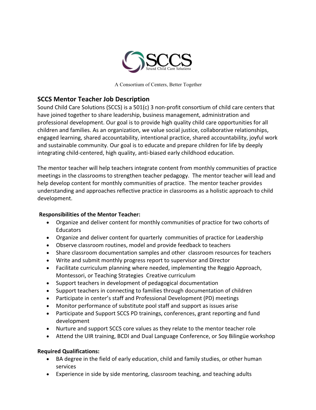 SCCS Mentor Teacher Job Description