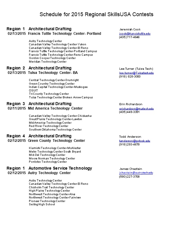Schedule for 2015 Regional Skillsusa Contests