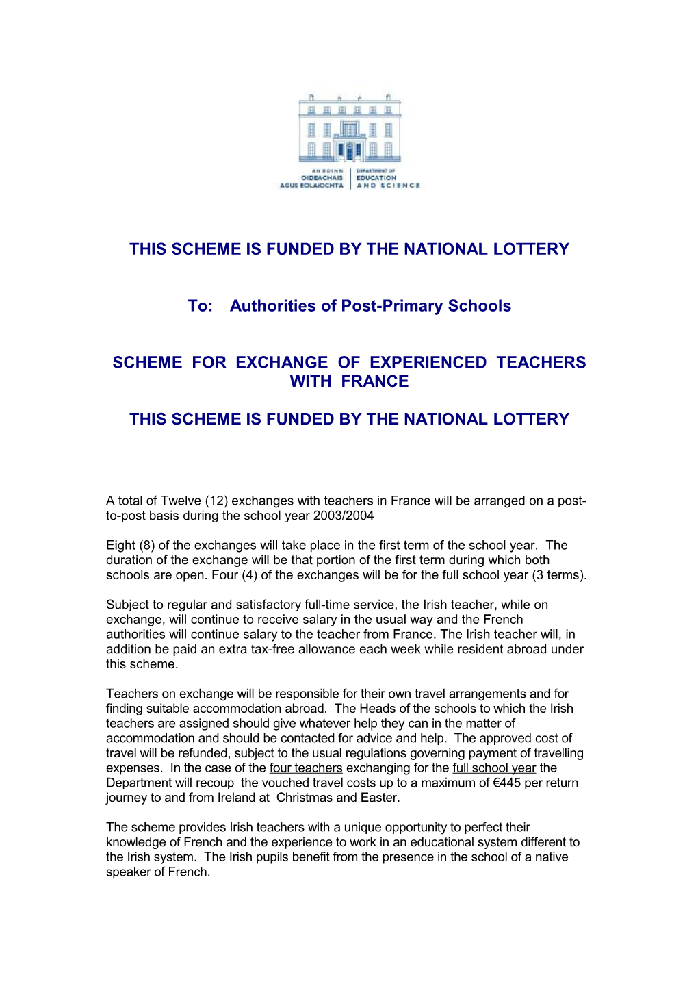 Scheme for Exchange of Experienced Teachers with France/Germany (File Format Word 119KB)