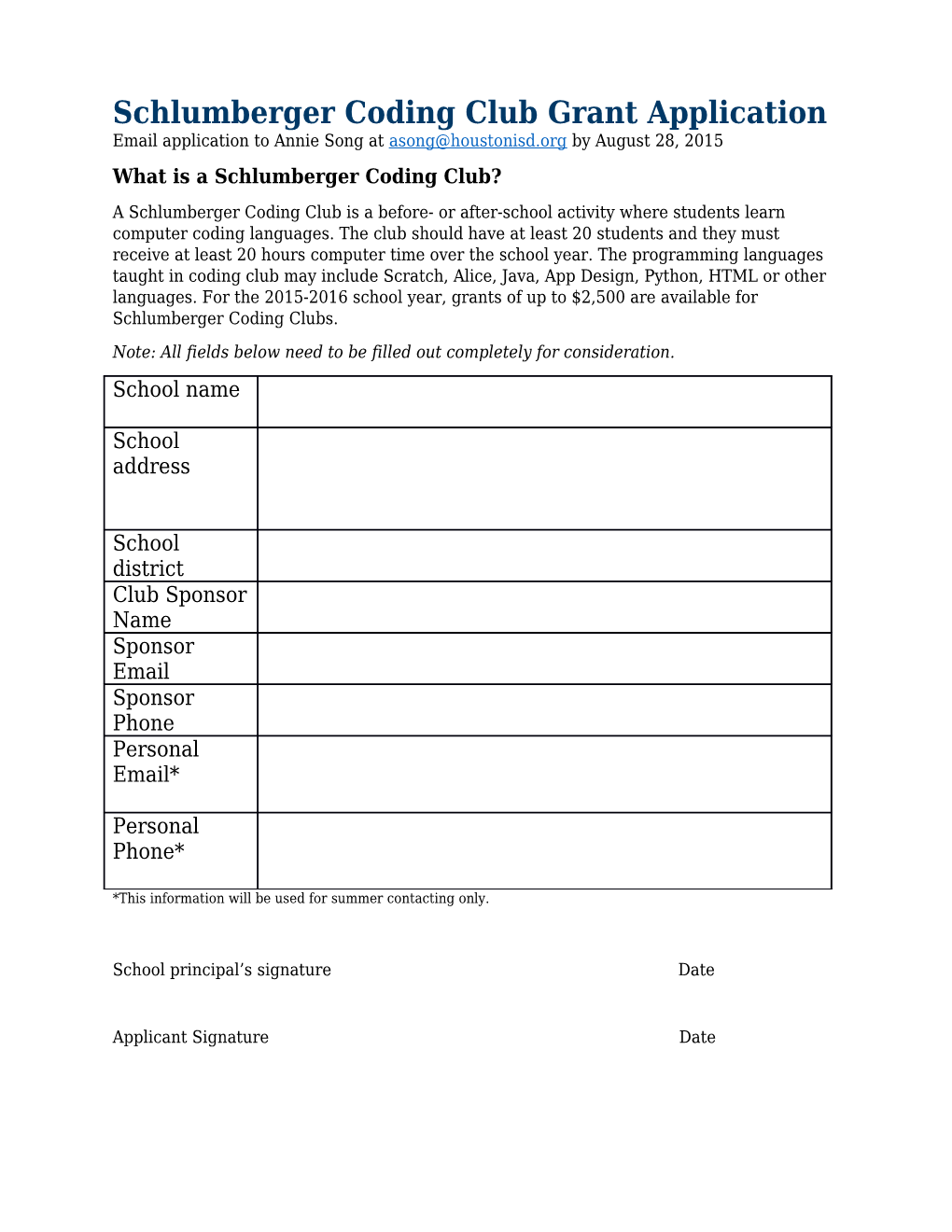 Schlumberger Coding Club Grant Application