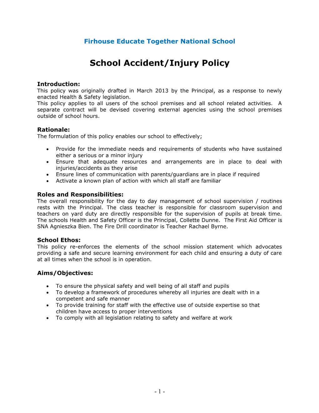 School Accident/ Injury Policy