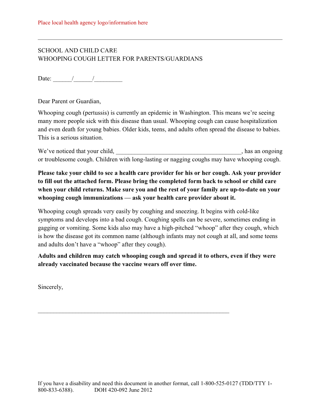 School and Child Care Parent/Guardian Letter About Whooping Cough