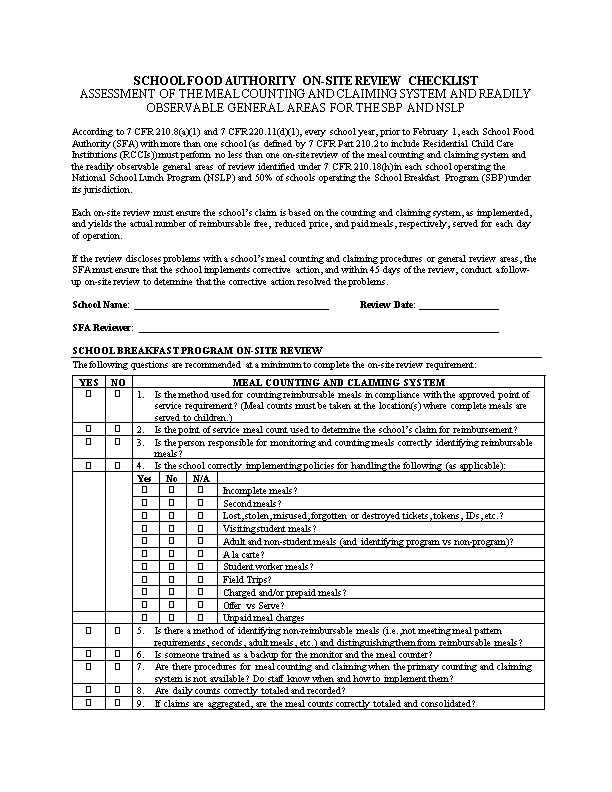 School Food Authority On-Site Review Checklist