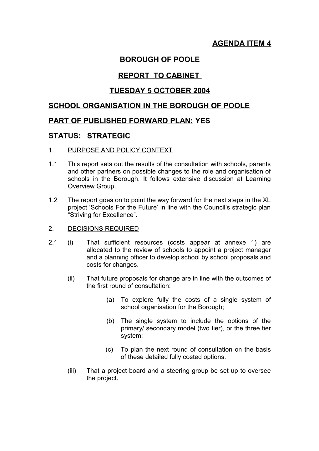 School Organisation in the Borough of Poole