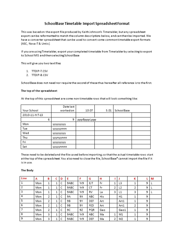Schoolbase Timetable Import Spreadsheet Format