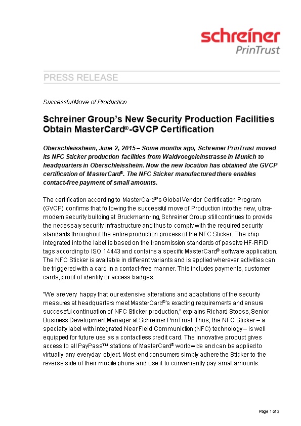Schreiner Group S New Security Production Facilities Obtain Mastercard -GVCP Certification