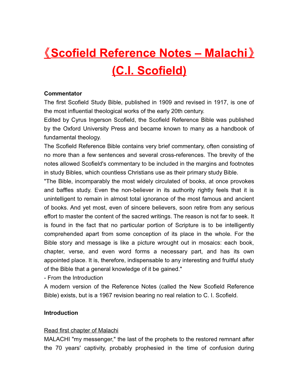 Scofield Reference Notes Malachi (C.I. Scofield)