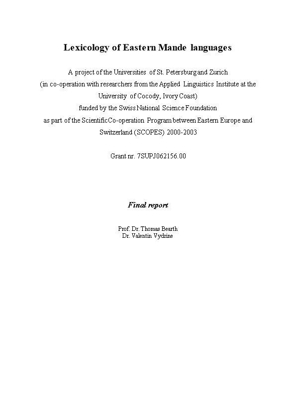 SCOPES - Lexicology of Eastern Mande Languages Final Report 2000-2004