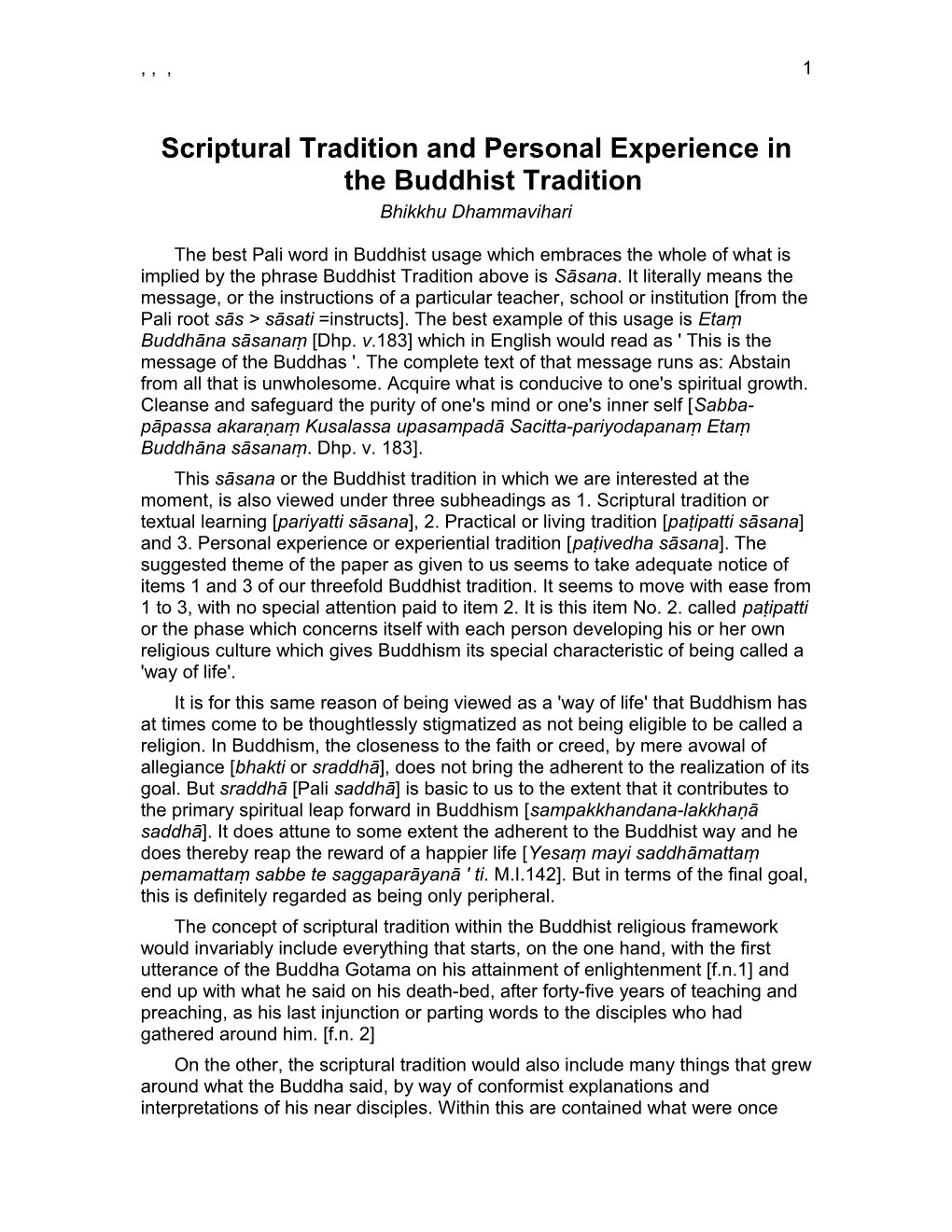 Scriptural Tradition and Personal Experience in the Buddhist Tradition