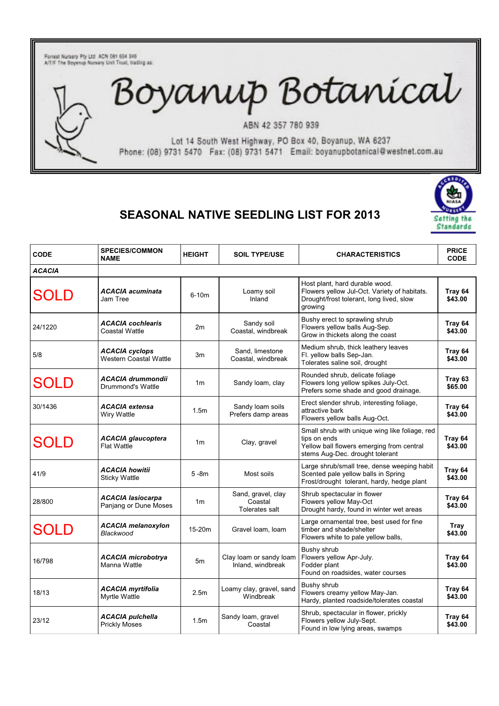 Seasonal Native Seedling List for 2013