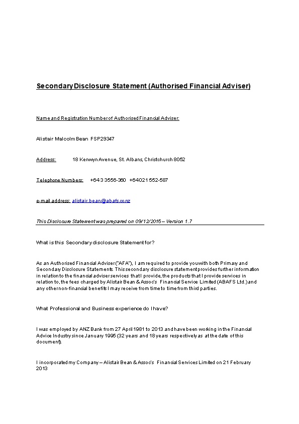 Secondary Disclosure Statement (Authorised Financial Adviser)