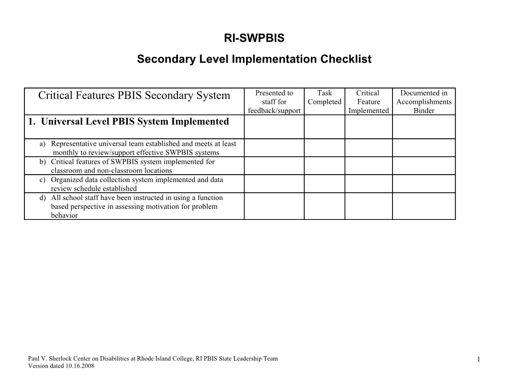 Secondary Level Implementation Checklist
