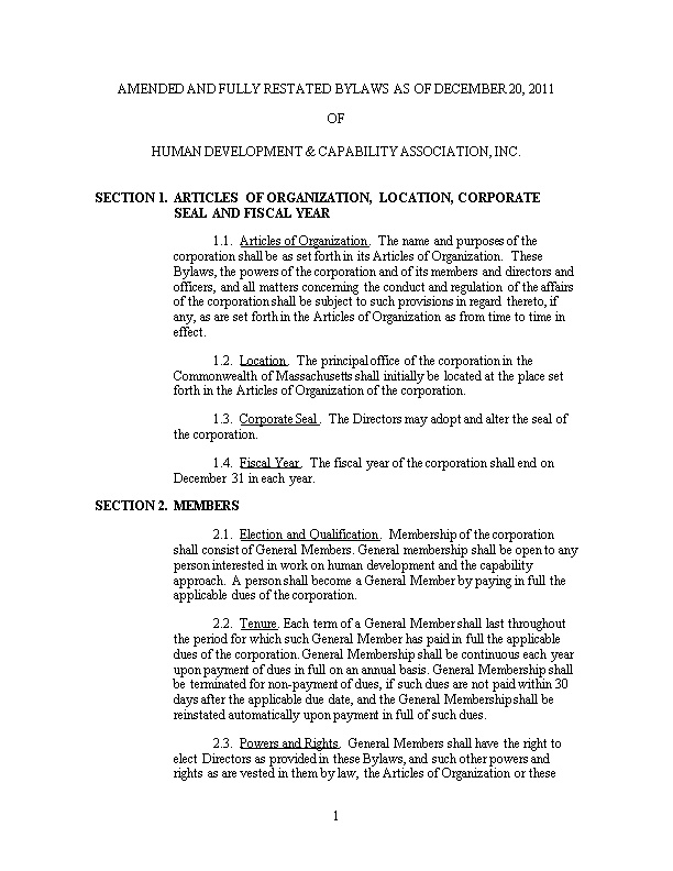 Section 1.Articles of Organization, Location, Corporate Seal and Fiscal Year