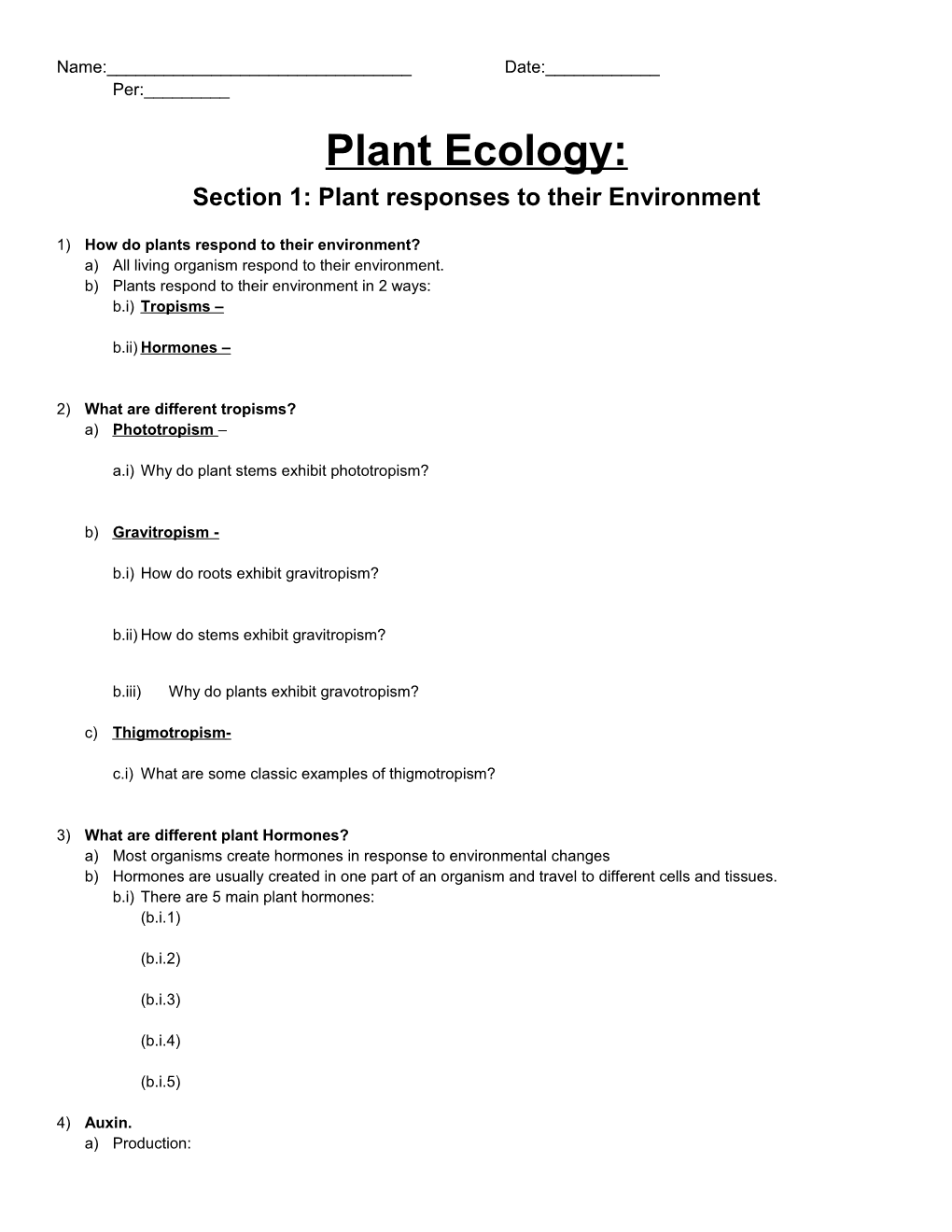 Section 1: Plant Responses to Their Environment