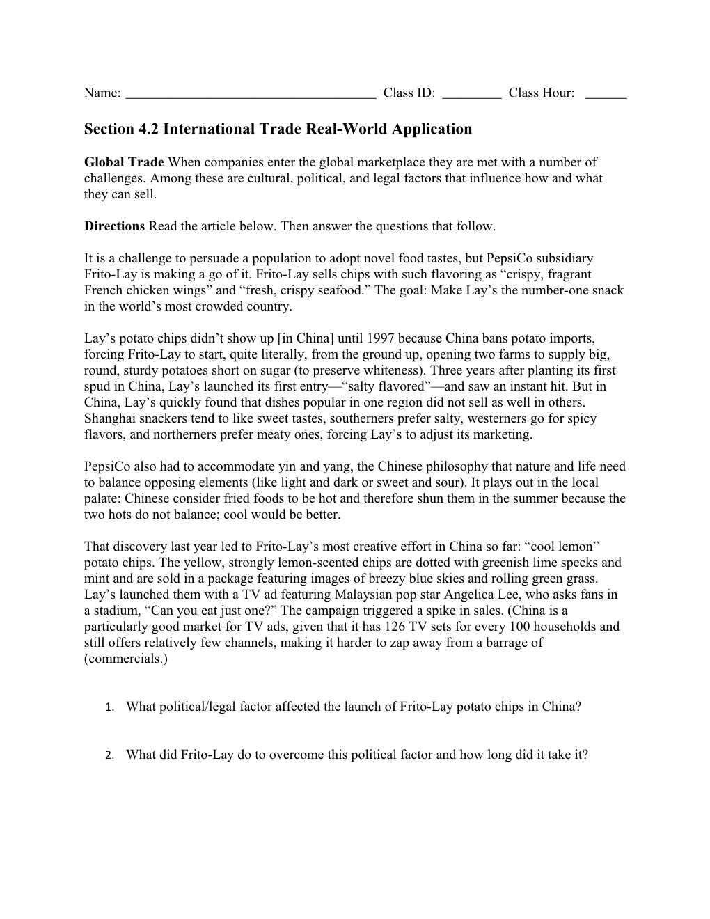 Section 4.2 International Trade Real-World Application