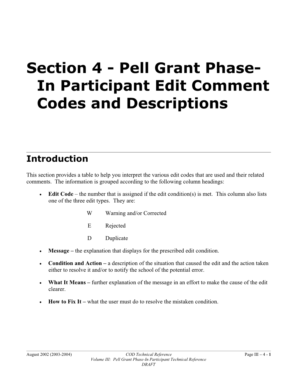 Section 4 - Pell Grant Phase-In Participant Edit Comment Codes and Descriptions