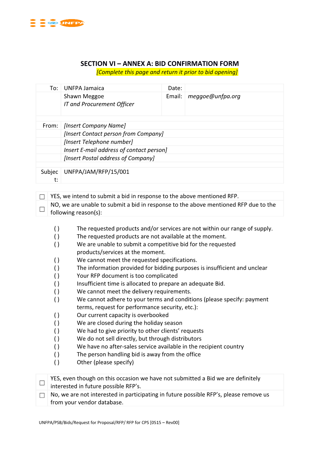Section VI ANNEX A: Bid Confirmation Form