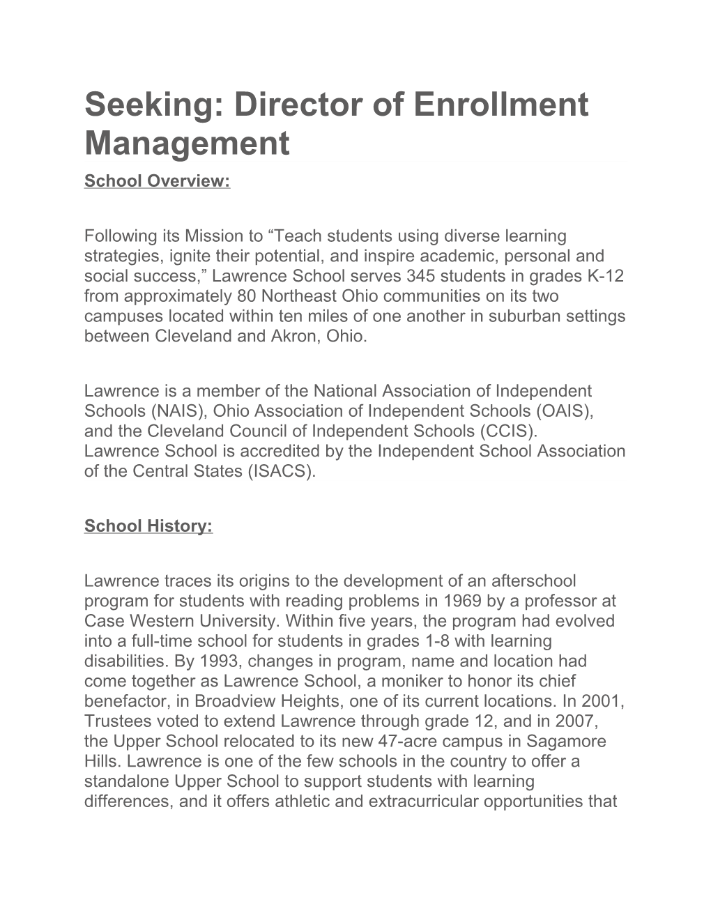 Seeking: Director of Enrollment Management