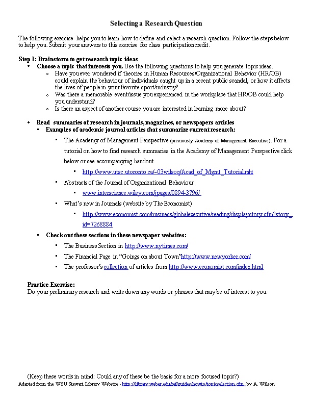 Selecting a Research Topic (Adapted from the WSU Stewart Library Website