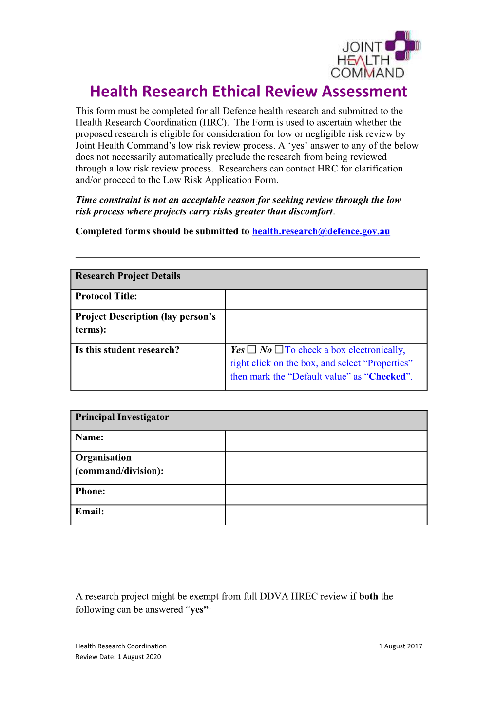 Self-Assessment Checklist for Research That Is Exempt from Ethical Review