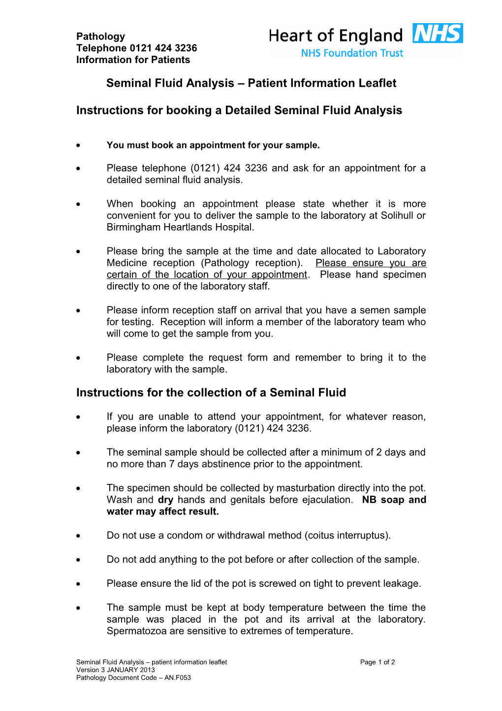 Seminal Fluid Analysis Patient Information Leaflet