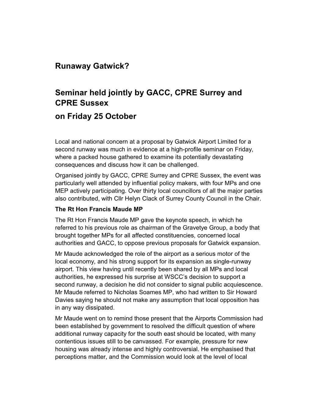 Seminar Held Jointly by GACC, CPRE Surrey and CPRE Sussex