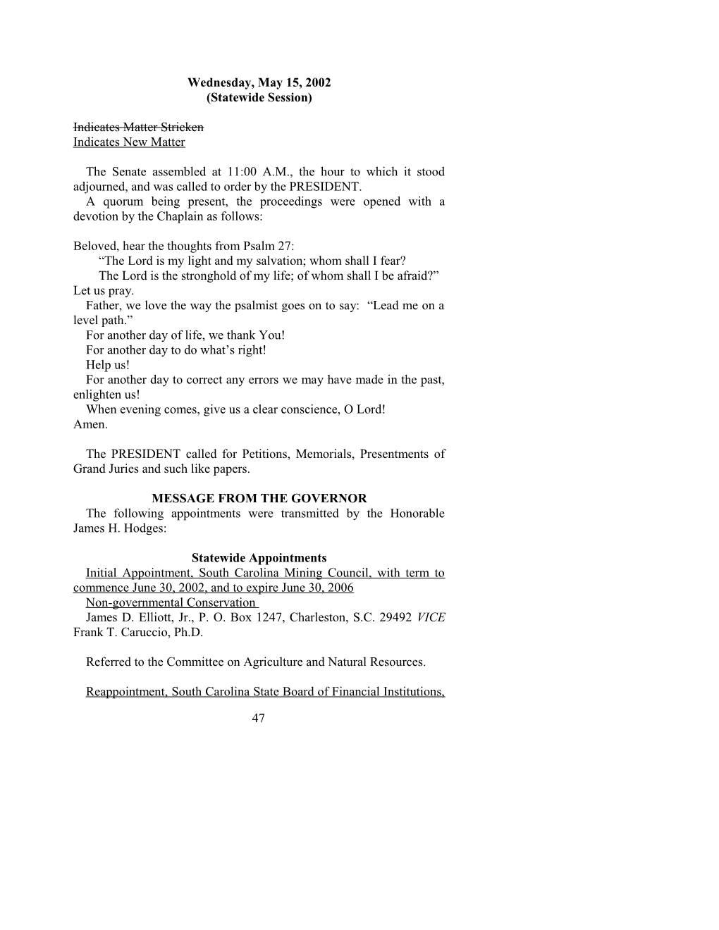 Senate Journal for May 15, 2002 - South Carolina Legislature Online