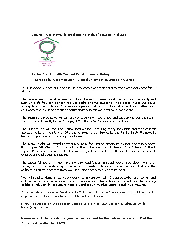Senior Position with Tennant Creek Women's Refuge