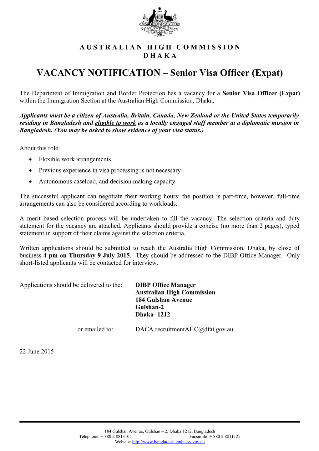 Senior Visa Officer, New Delhi - Expatriate Position