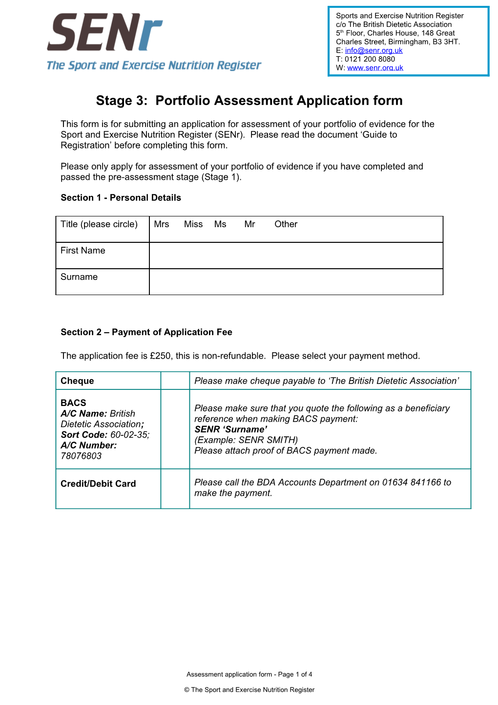 Senr Assessment Application Form