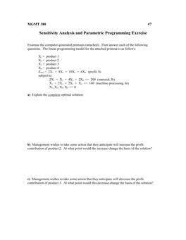 Sensitivity Analysis and Parametric Programming Exercise