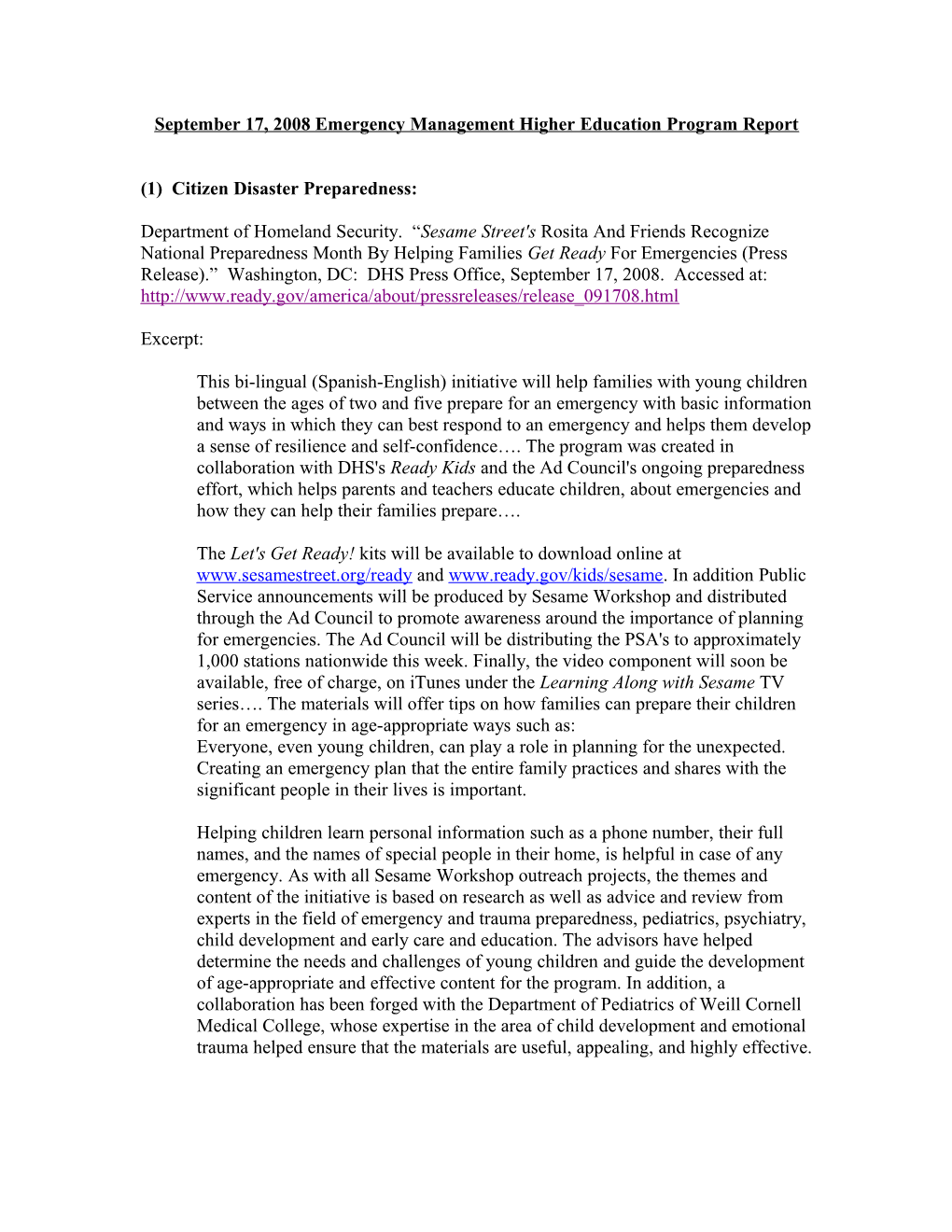 September 17, 2008 Emergency Management Higher Education Program Report