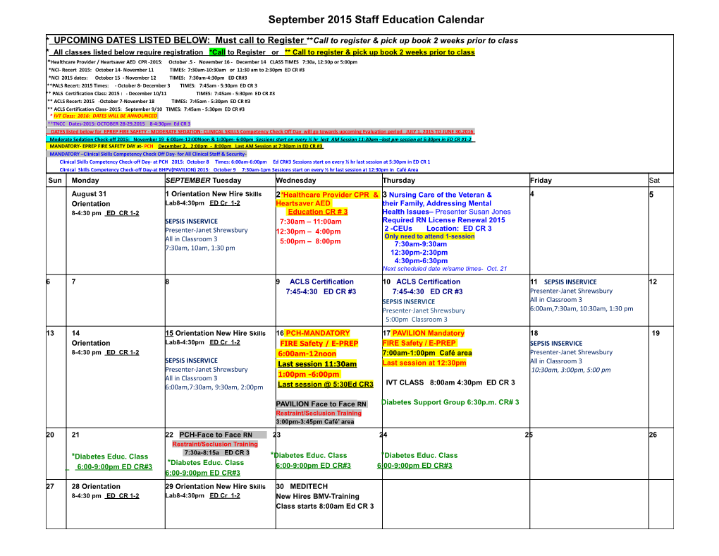 September 2015 Staff Education Calendar
