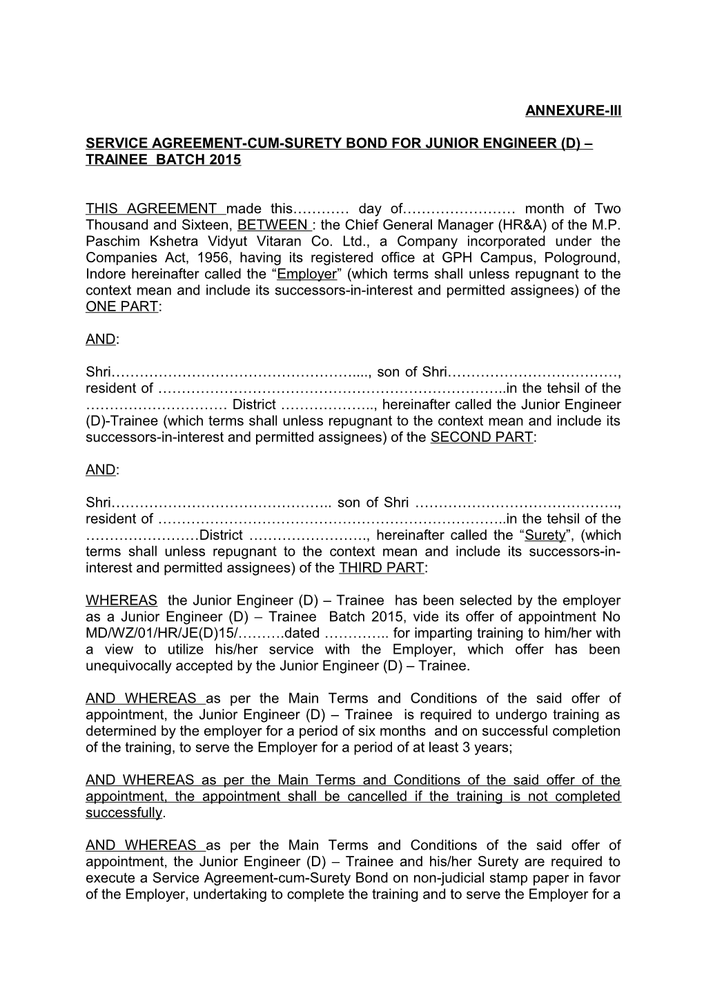 Service Agreement-Cum-Surety Bond for Junior Engineer (D) Trainee Batch 2015