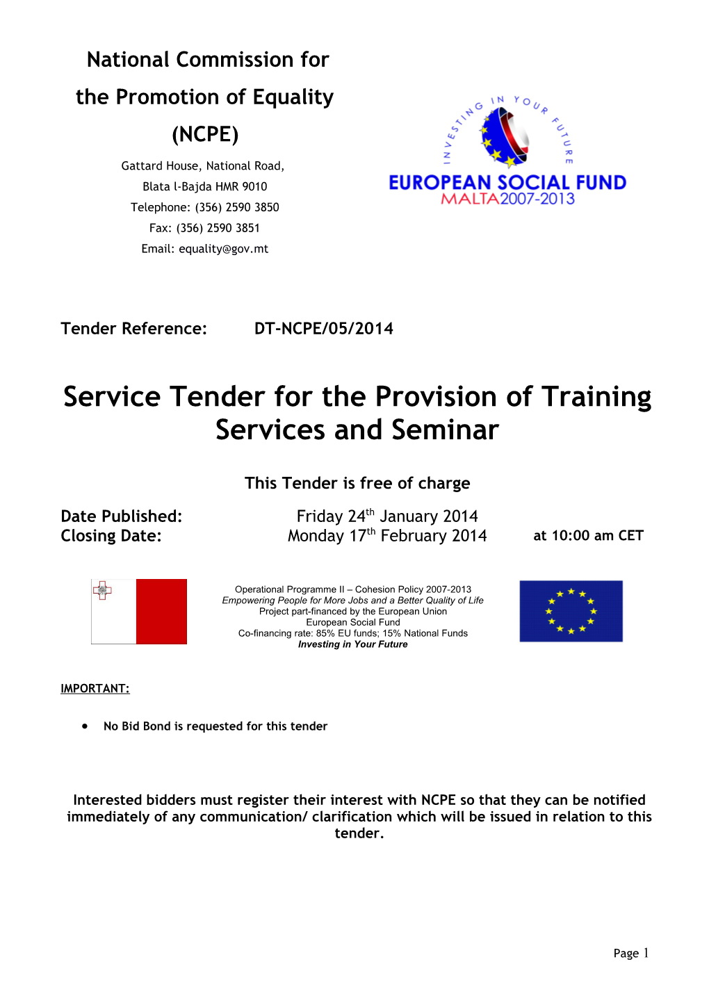 Service Tender for the Provision of Training Services