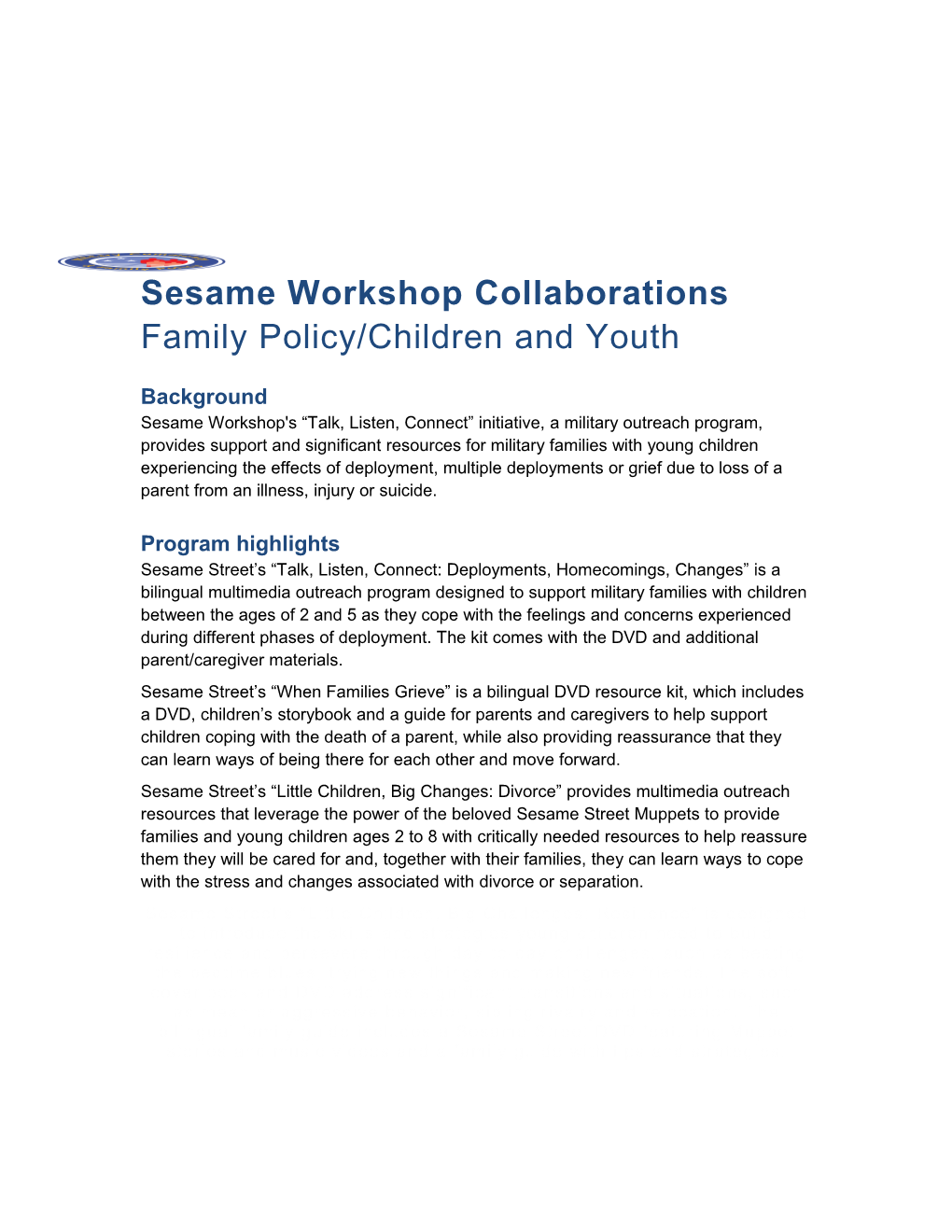 Sesame Workshop Partnership Info Paper