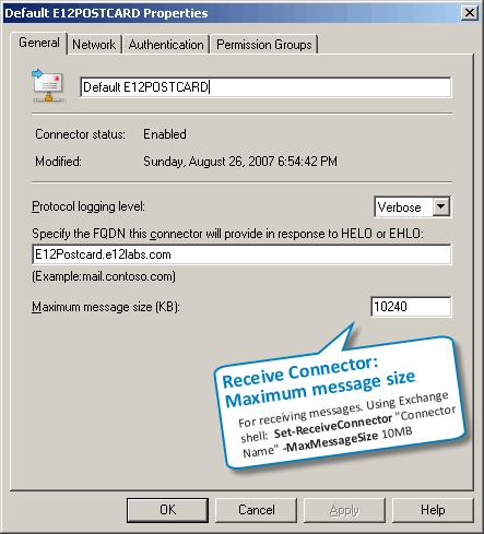 Screenshot Maximum message size on a Receive Connector