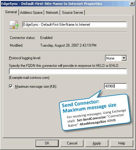 Screenshot Maximum message size on a Send Connector