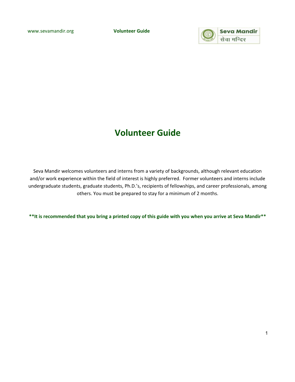 Seva Mandir; a Guide for Volunteers