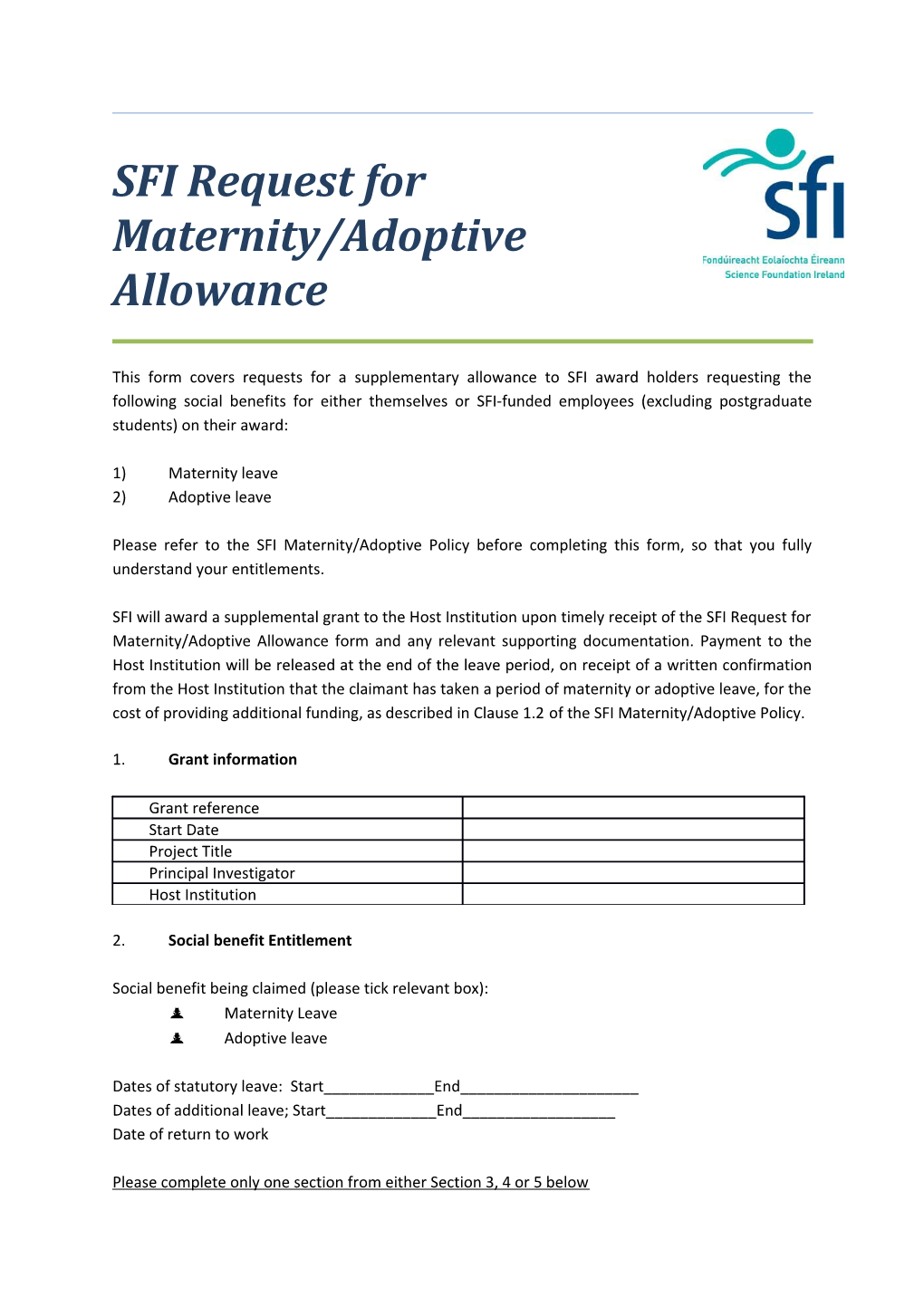 SFI Request for Maternity/Adoptive Allowance