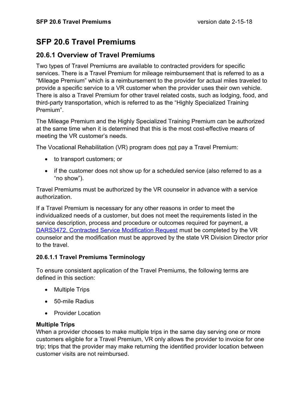 SFP 20.6 Travel Premiums Version Date 2-15-18