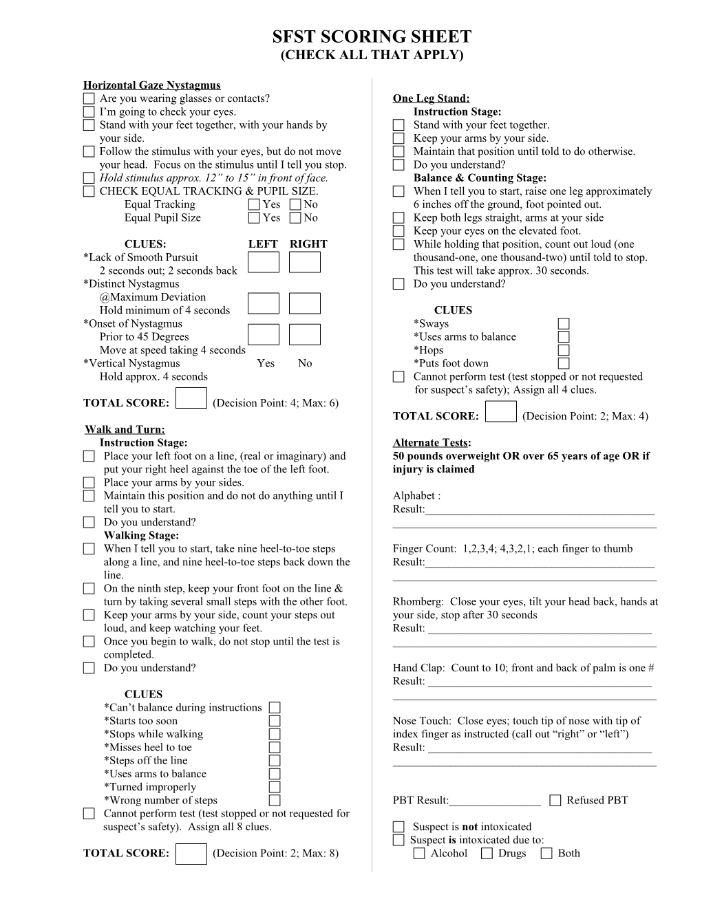 Texas Sfst Cheat Sheet