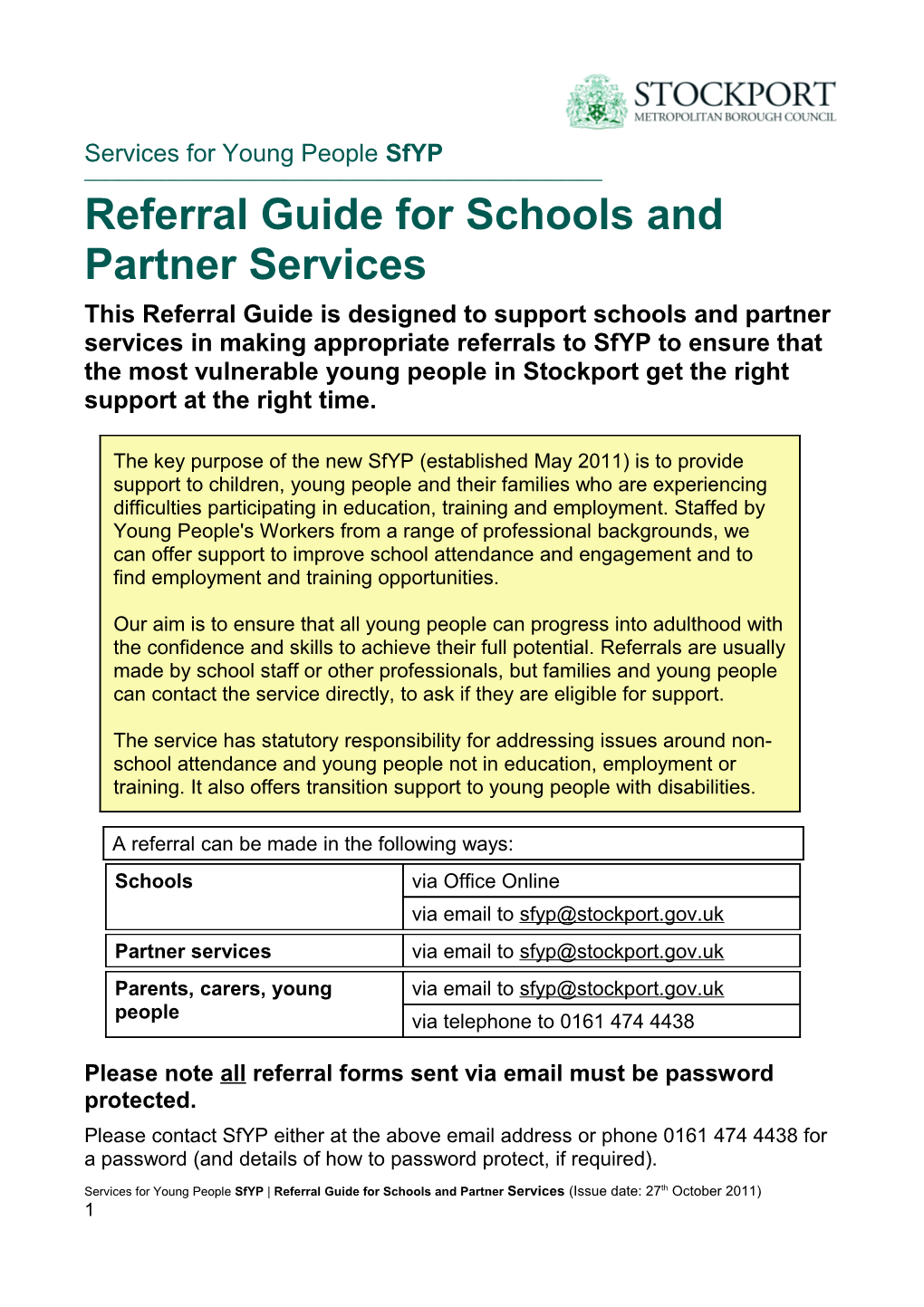 Sfyp Referral Services for Young People Guide for Schools and Partner Services October 2011