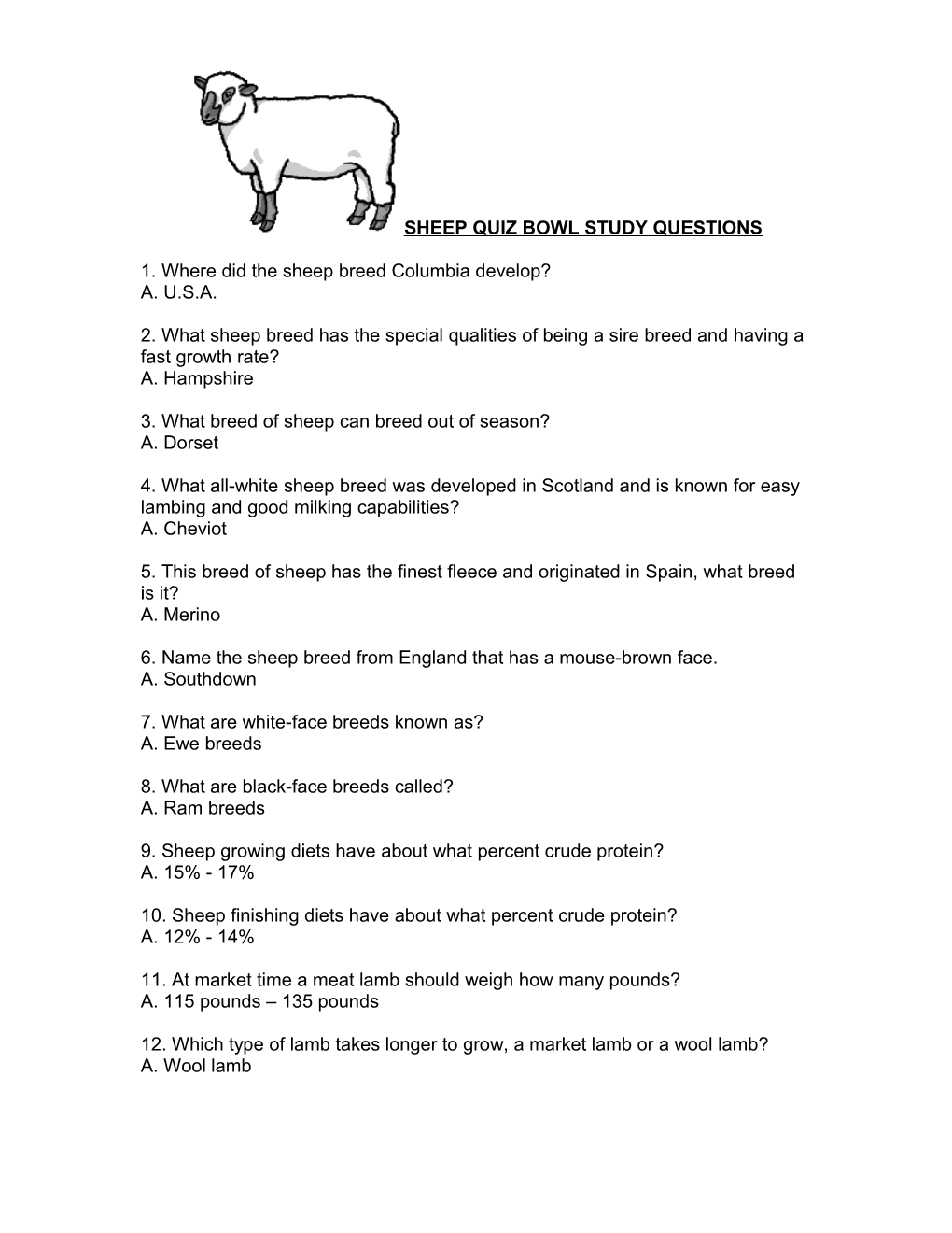 Sheep Quiz Bowl Study Questions