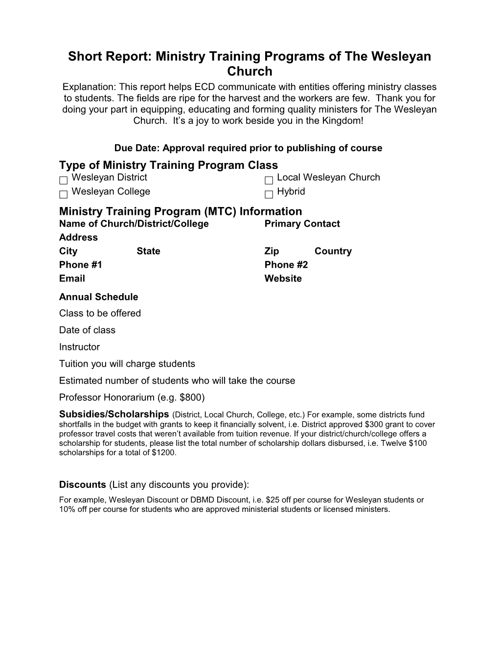 Short Report: Ministry Training Programs of the Wesleyan Church