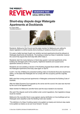 Short-Stay Dispute Dogs Watergate Apartments at Docklands