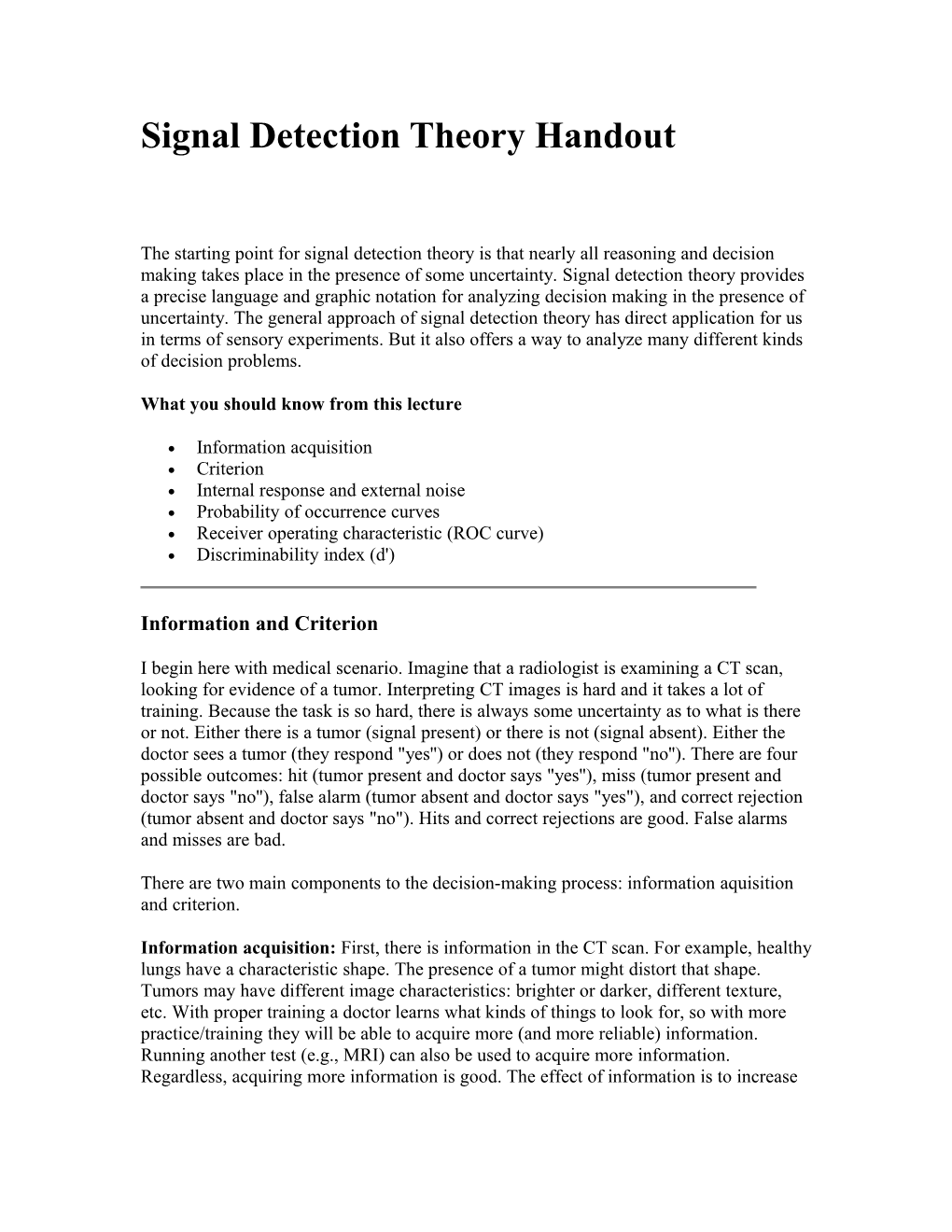 Signal Detection Theory Handout (Psych 30)