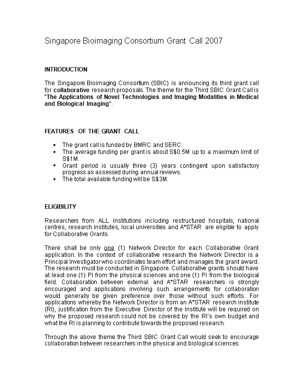 Singapore Bioimaging Consortium Grant Call 2005