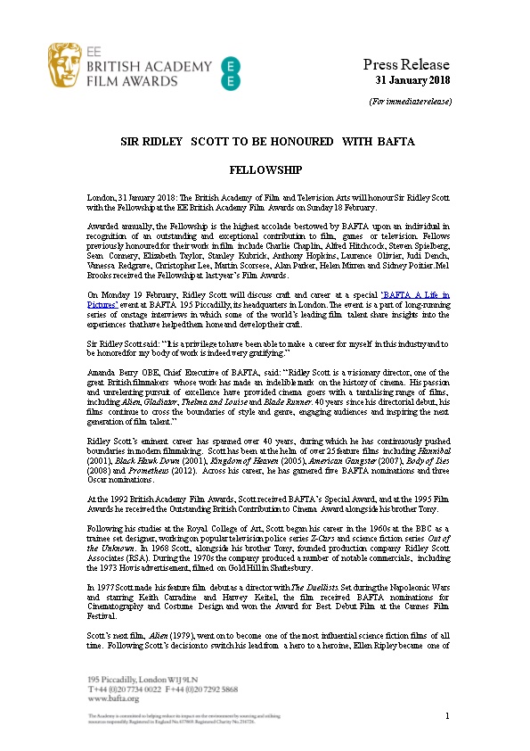 Sir Ridley Scott to Be Honoured Withbafta Fellowship